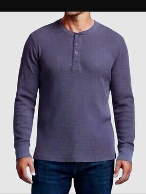 Isotoner Men’s Waffle Thermal Henley Shirt Blue Long Sleeve Large - Runs SMALL
